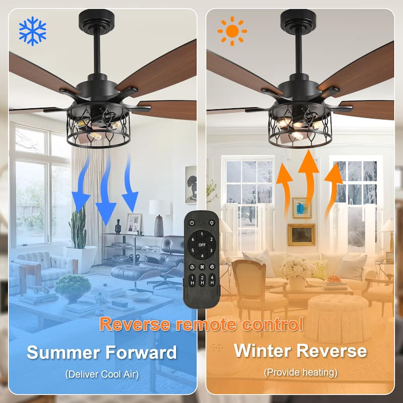 Cusp Barn 52 Inch Industrial Caged Ceiling Fan with Light and Remote, Farmhouse Quiet DC Motor Reversible Chandelier Ceiling Fan