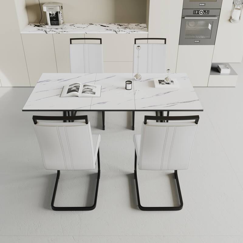 5-Piece Expandable Dining Table Set with C-shaped Tubular Cushioned Armless Chair, Scratch Resistant Plastic Feet