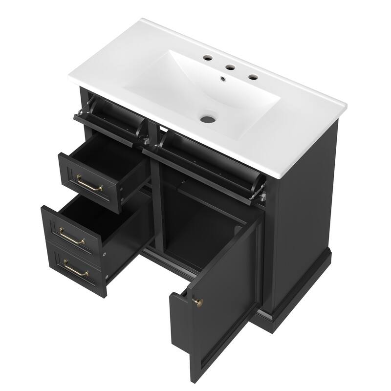 Roomfitters 36" Bathroom Vanity with Sink, Solid Wood Frame, 4 Drawers & Soft-Close Door with Built-in Racks, Black