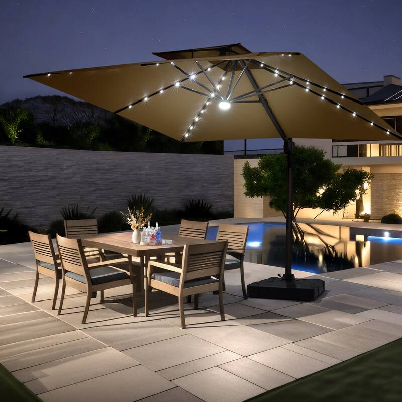 Pellebant 11X11 FT Outdoor Square Cantilever Patio Umbrella Solar LED Lighted with Wheel Base - Tan