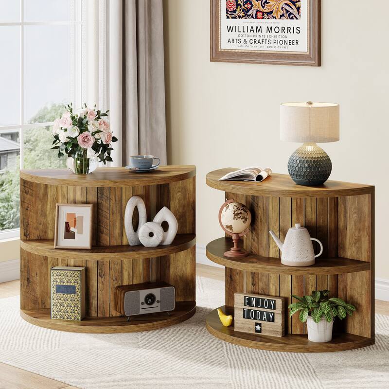 Half Round Side Table, 3-tier Wooden End Table with Storage Shelves - 2PCS-brown