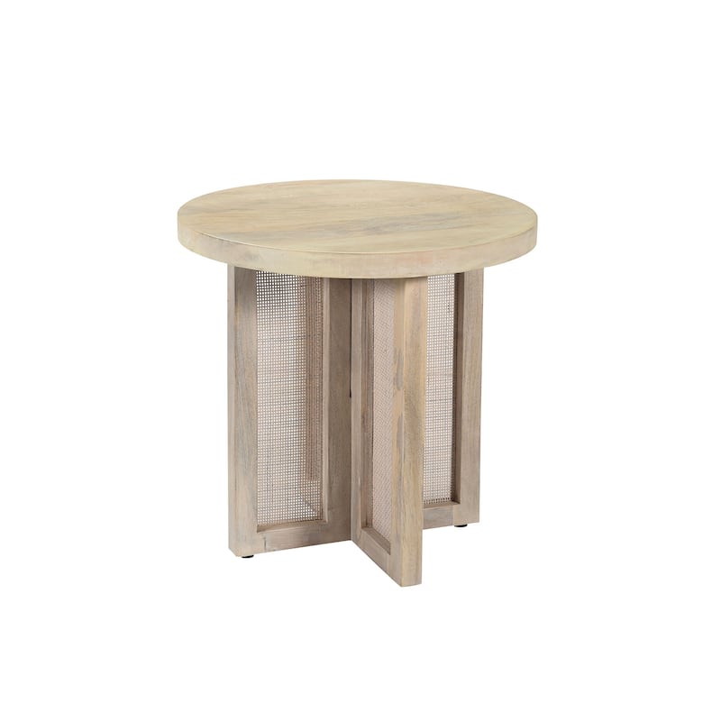 HomeRoots 22" Natural Solid Wood And Rattan Round End Table - 22