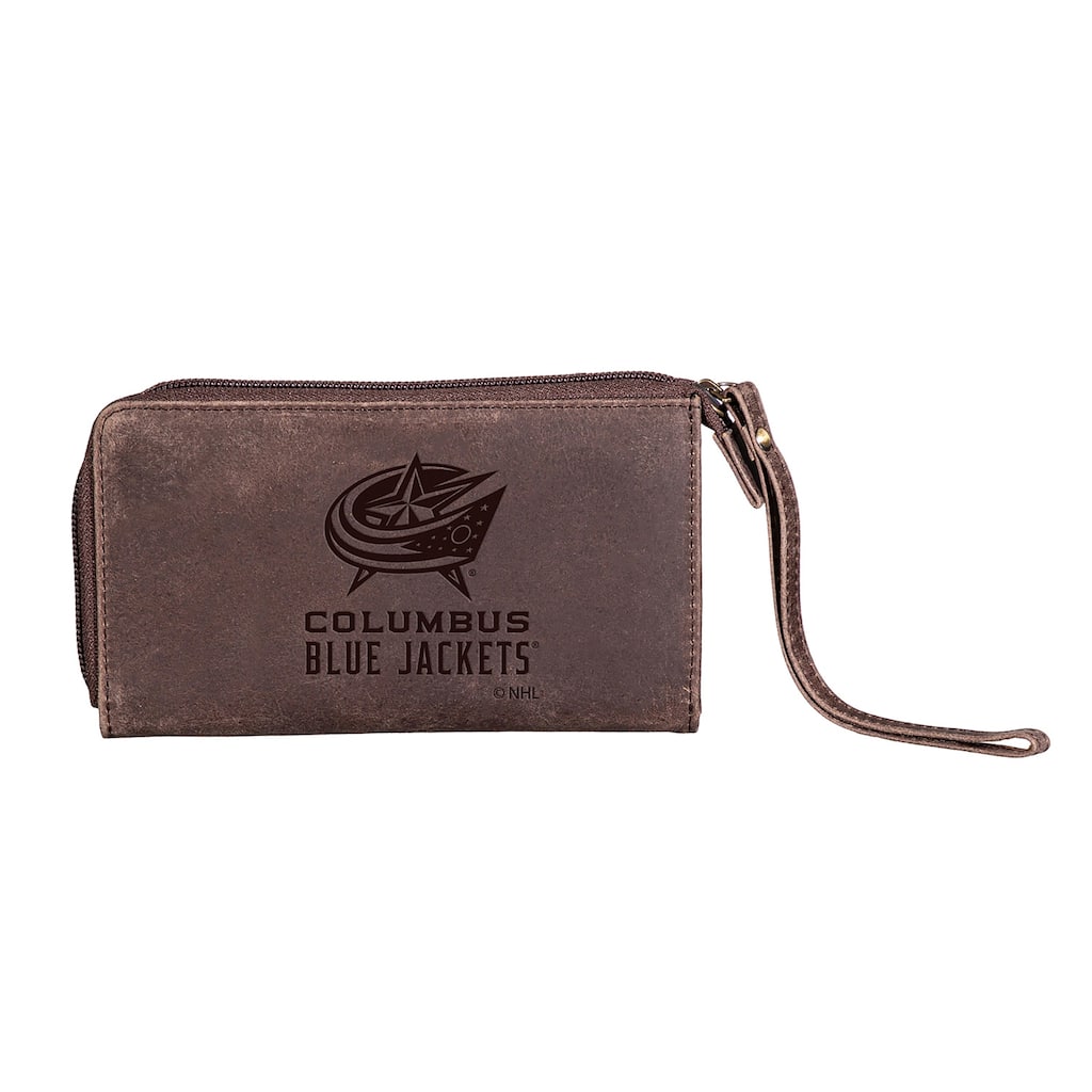 Brown Leather Cell Phone Wristlet Wallet, Columbus Blue Jackets - 4" x 7"