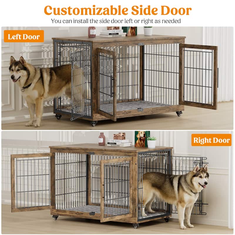 Dog Crate Indoor Heavy Duty Double Doors Wooden Dog Cage with Cushion