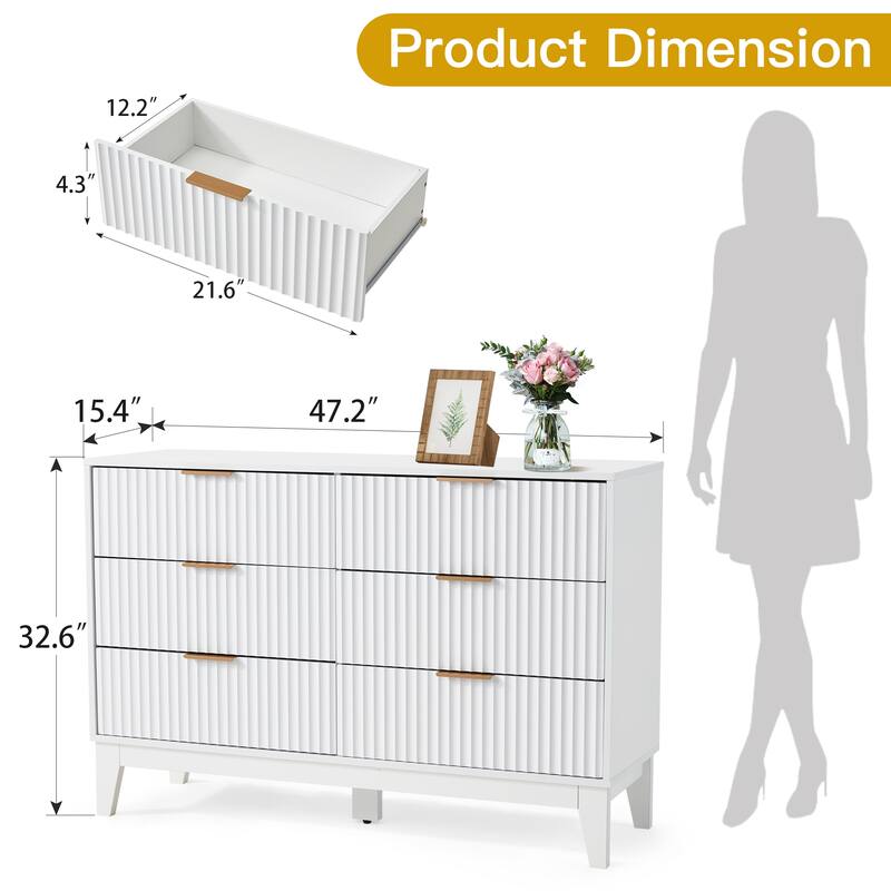 EROMMY Fluted 6-Drawer Dresser – Mid Century Modern Wide Chest with Metal Handles for Bedroom & Living Room