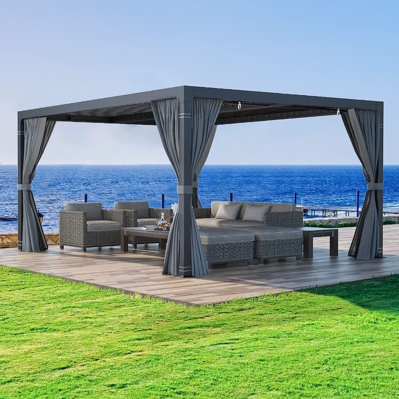 Outdoor Louvered Pergola, Outdoor Patio Hardtop Gazebo, Adjustable Metal Roof Curtains and Netting Included