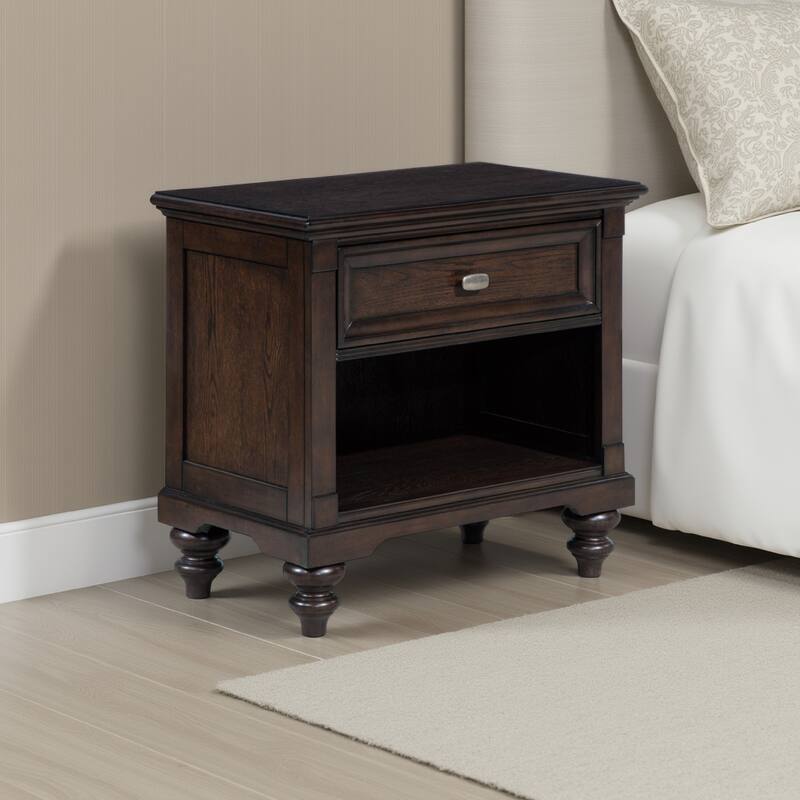 Meon Nightstand w Drawer and Open Cubby Shelf, Dark Oak Brown Wood