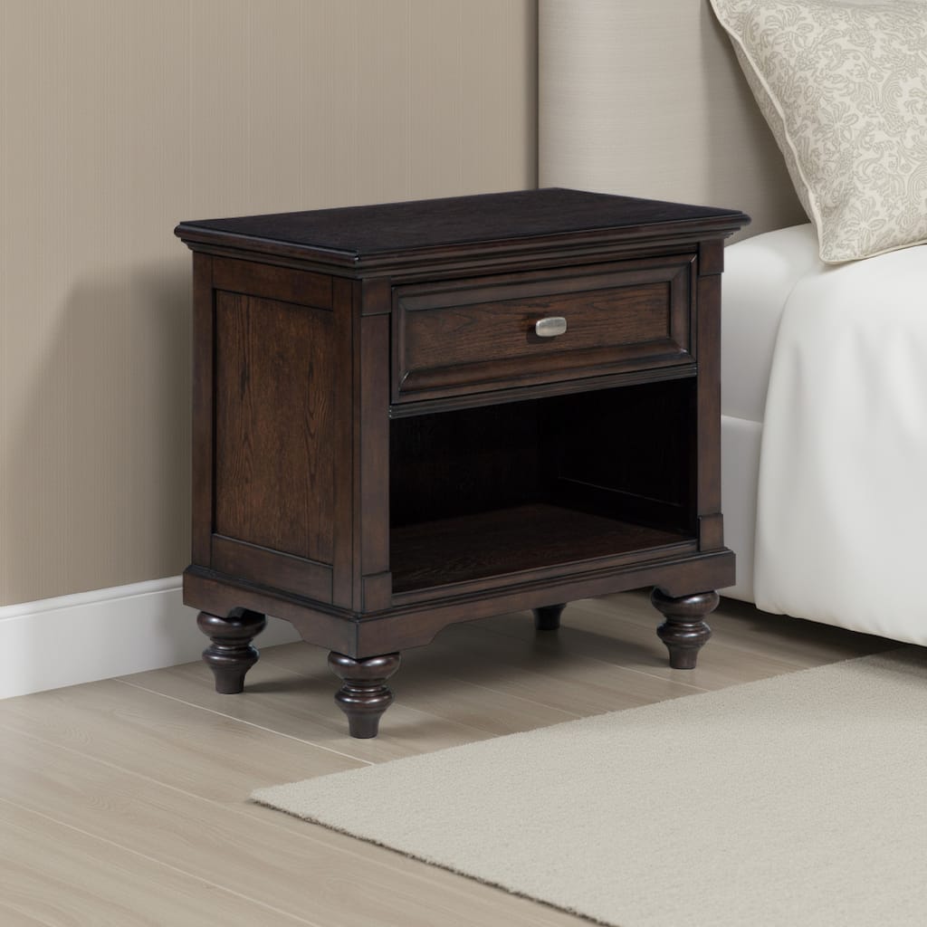 Meon Nightstand w Drawer and Open Cubby Shelf, Dark Oak Brown Wood