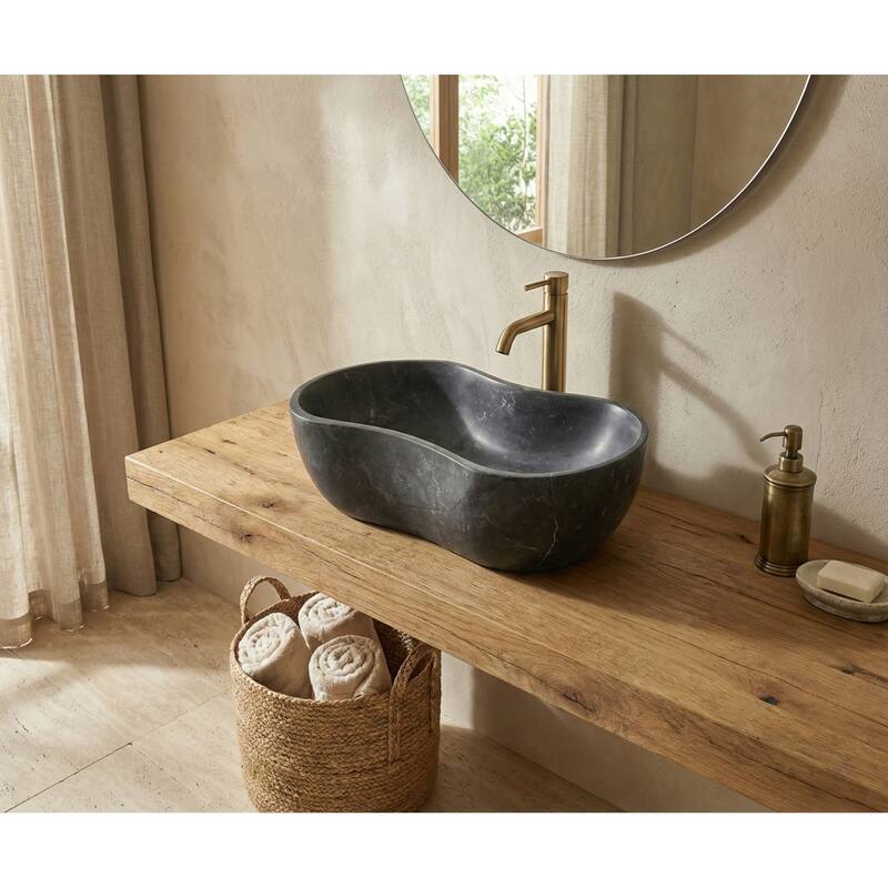 Roomfitters Marble Bathroom Vessel Sink, Natural Stone Countertop Wash Basin, Organic Wavy Vanity Bowl, Matte Finish, Dark Grey