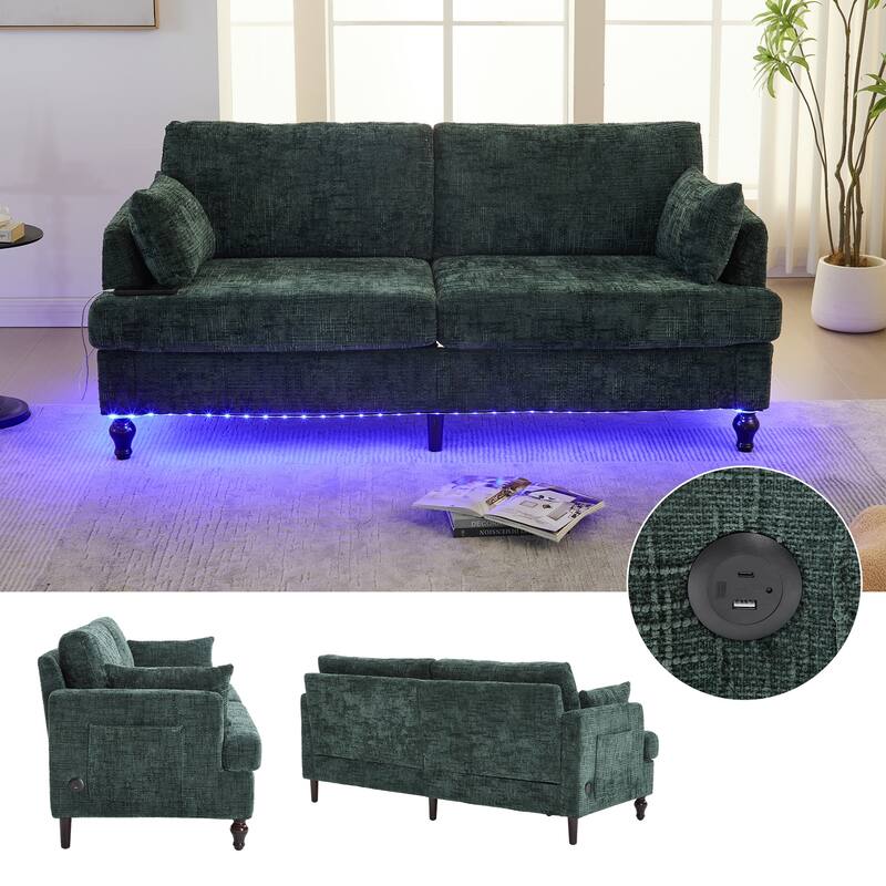 Emerald Multifunctional Sofa Couch Loveseat with Lights & Side Pocket, 2-Seater Sofa Couch with Charging Port