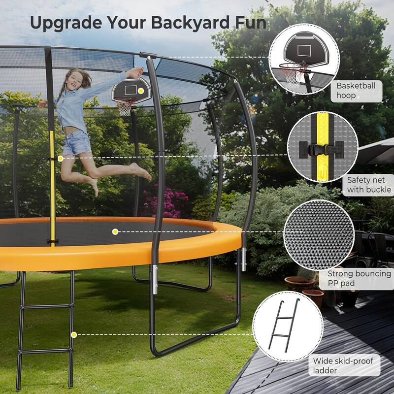 10FT/12FT Upgrade Outdoor Trampoline for Kids and Adults, Pumpkin Trampolines with Curved Poles