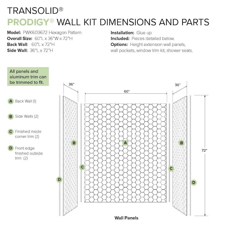 Transolid PWK603672 Prodigy 72" H x 60" W x 36" D Three Panel Shower