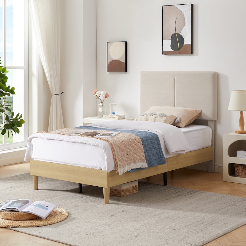 VECELO Wood Frame Upholstered Kids Bed With Headboard,Twin Size Bed Set of 2