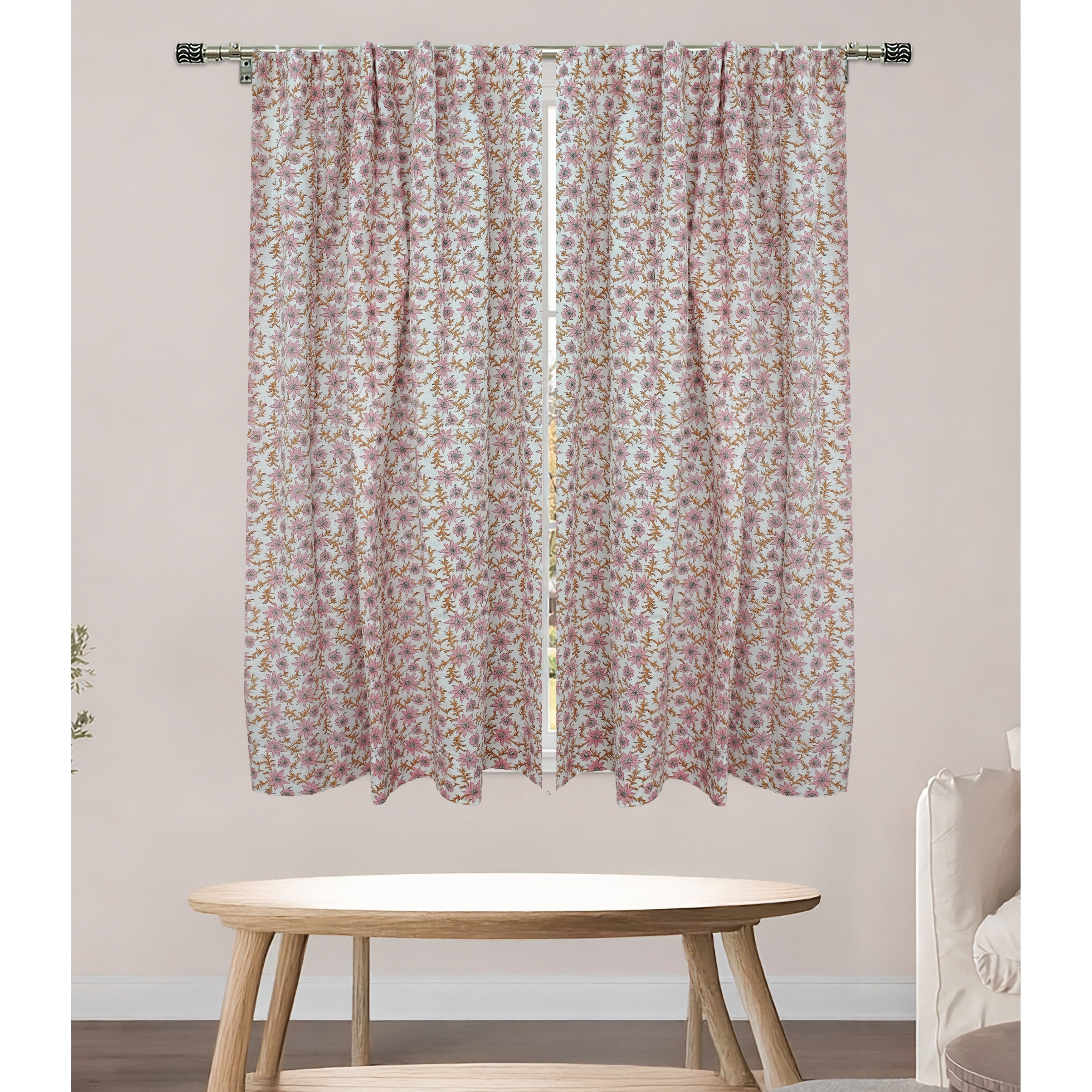 Fabdivine Hand Block Print Floral Linen Curtain Drape for Home Decor Accent & Window Hanging, Saanjh