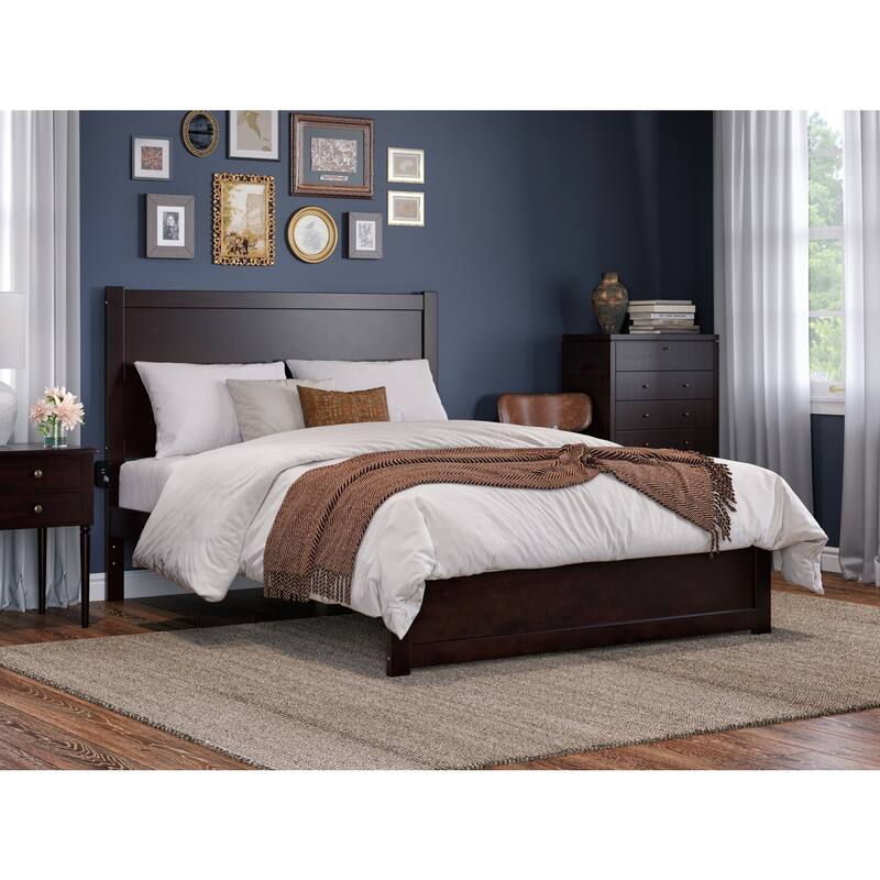 Modern Bed with Footboard - Queen Size Espresso Wood Platform Bed - Solid Wood Slat Kit & Charger