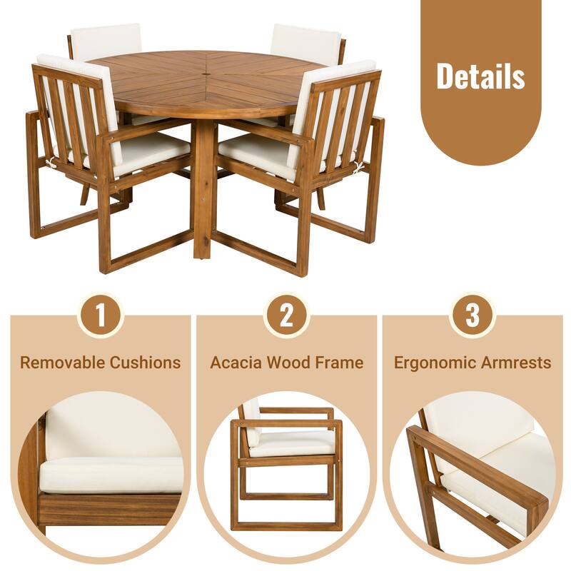 5 Piece Acacia Wood Dining Set with 4 Armchairs and a Table for Garden