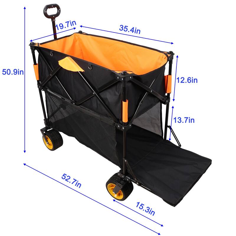 Extra-Long Large Capacity Folding Wagon Cart - Extended Garden & Beach Hauler, Black & Orange