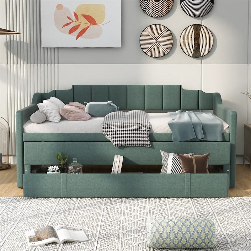 Merax Twin Upholstered Daybed with Trundle, 3 Drawers - Green