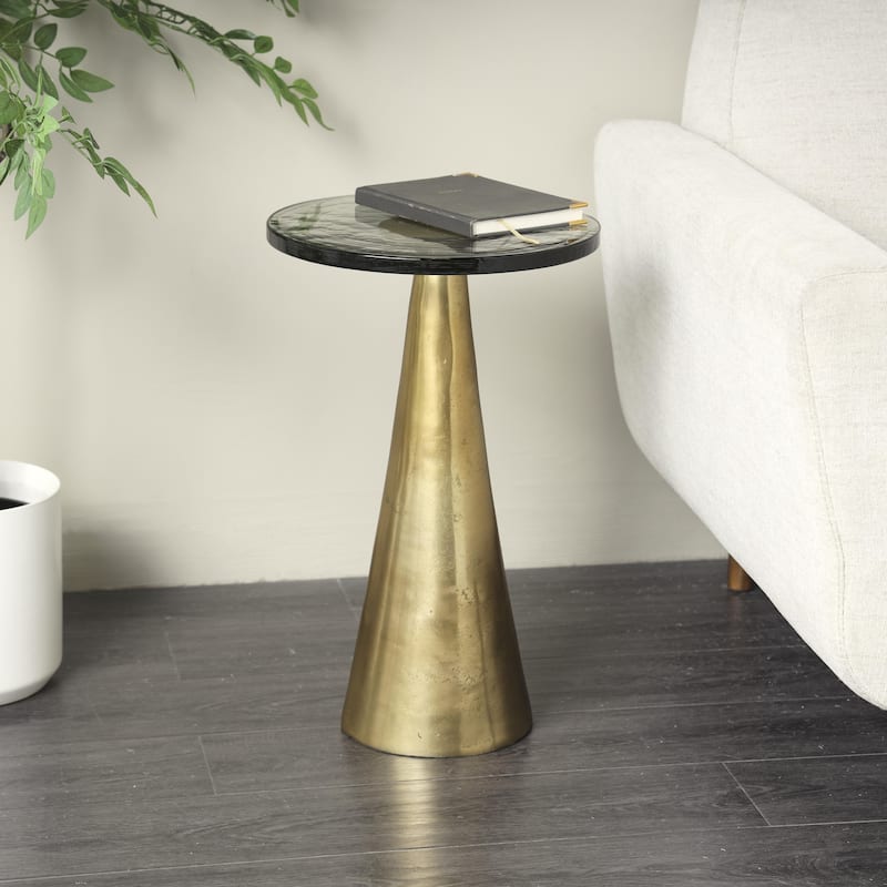Aluminum Metal Geometric Cone Accent Table with Textured Glass Tabletop - Black or Gold - Roche River Decor