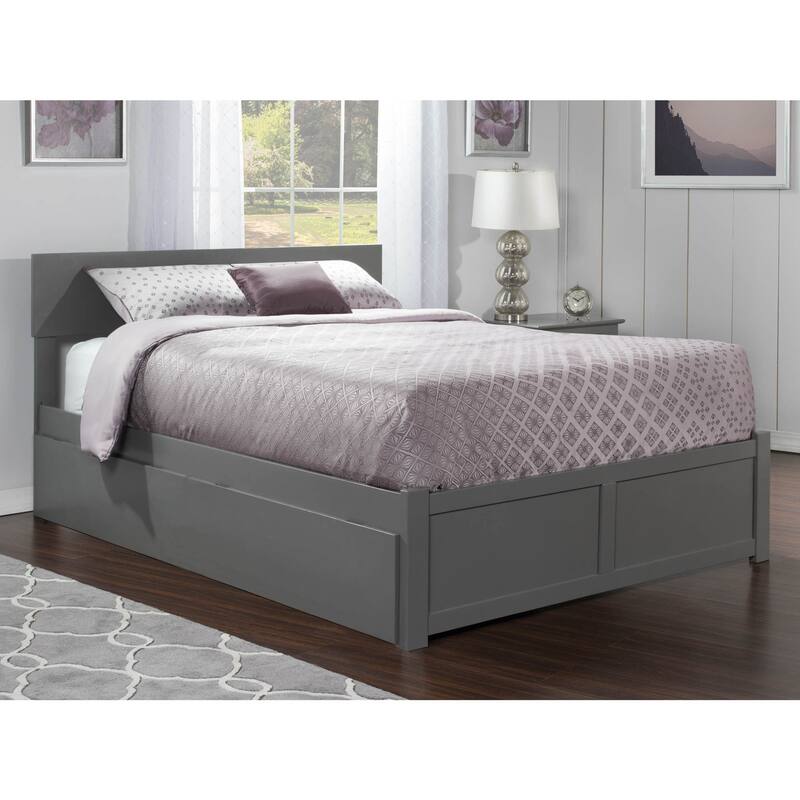 King Platform Bed with Trundle - Grey Wood Bed Frame, USB Charger, Adjustable Headboard