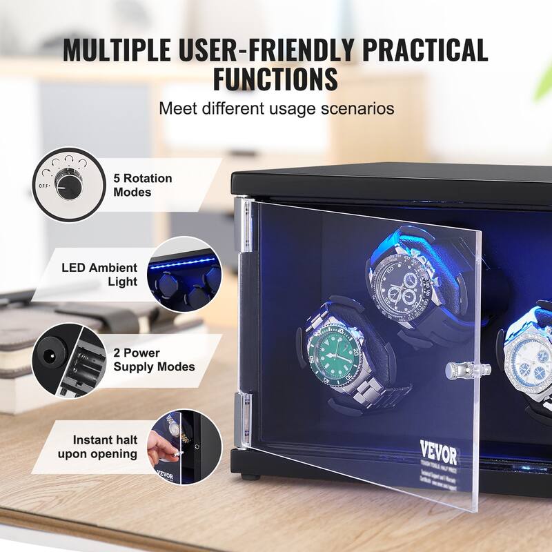 VEVOR Watch Winder with 1-8 for Men's and Women's Automatic Watches with Super Quiet Japanese Mabuchi Motors LED Lights