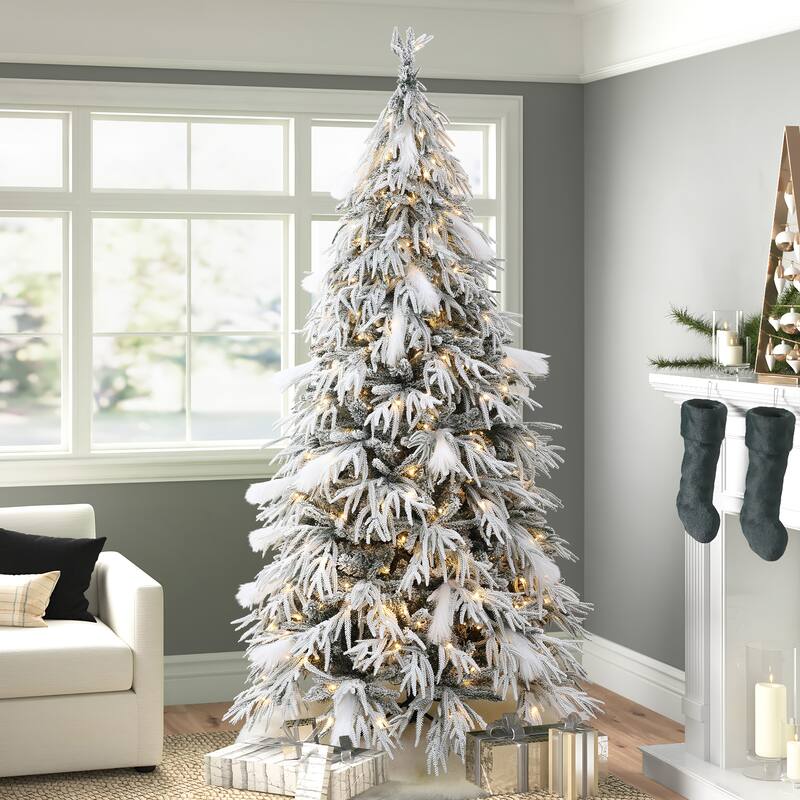 7.5Ft Pre-Lit Hinged Snow Flocked Slender Artificial Christmas Tree - 90" H x 52" Diameter