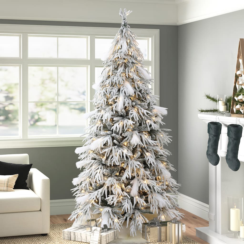 7.5Ft Pre-Lit Hinged Snow Flocked Slender Artificial Christmas Tree - 90" H x 52" Diameter