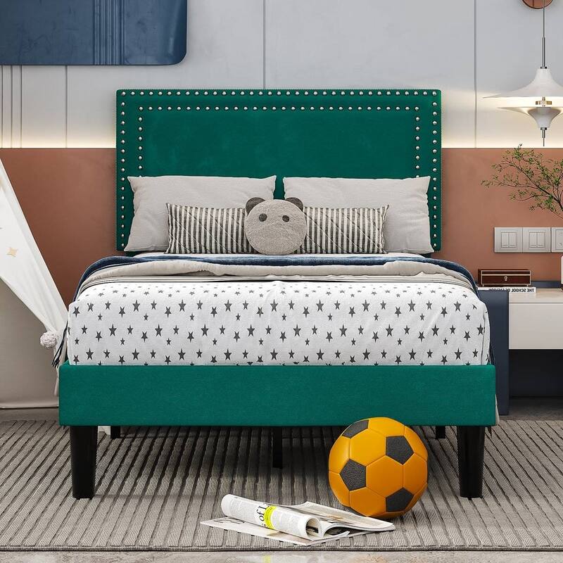 Set of 2 Twin Size Tufted Upholstered Platform Beds Dorm Style Minimalist Metal Frame with Slats No Box Spring Needed