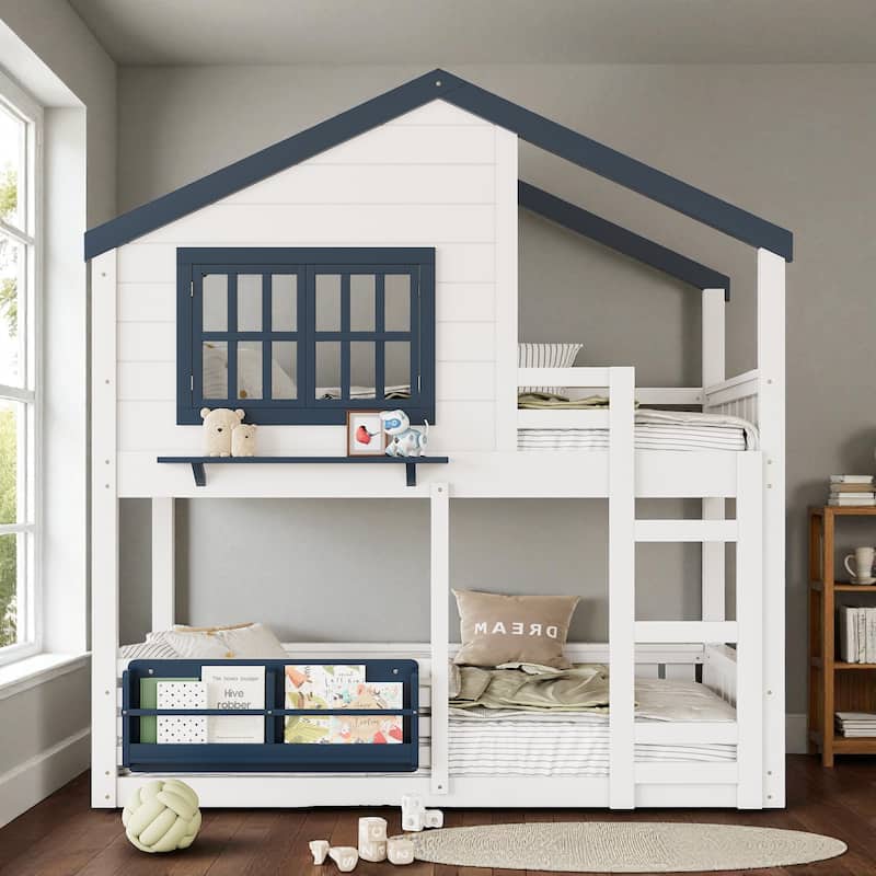 Twin/Full House Bunk Bed with Bookshelf, Safety Fence, Ladder and Loft Play Area, Wooden Kids Bed Frame