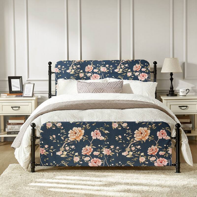 Diana Transitional 62" Floral Upholstered Platform Metal Bed Frame with Washable Slipcover by HULALA HOME