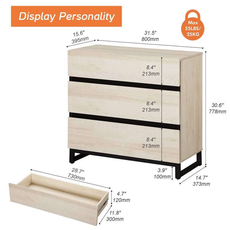 WAMPAT Nightstand with 3 Drawers for Bedroom, Modern Bedside Table with Black Square Iron Leg, Wood Rustic Side Table