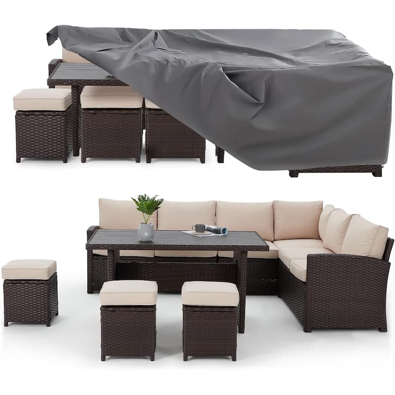 AECOJOY 7 Pieces Patio Furniture Set Outdoor Sectional Sofa Rattan Conversation Set - Beige with Cover