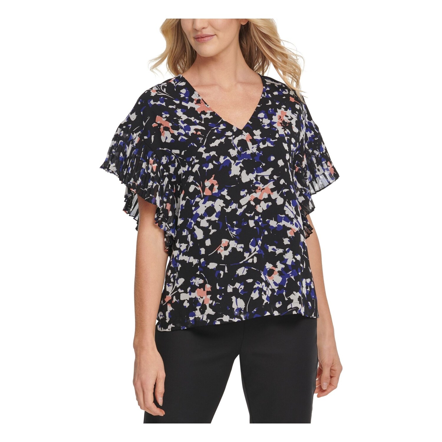 DKNY Womens Printed V-Neck Top
