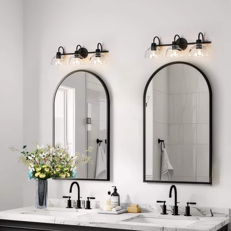 Regan Modern Black 3-Light Linear Farmhouse Bathroom Vanity Lights Dome Glass Wall Sconces - 23.6'' L x 6.5'' W x 8.3'' H