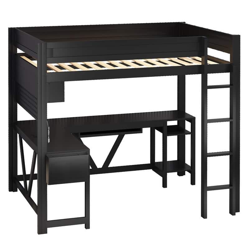 Wood Full Size Gaming Loft Bed with Desk, Storage Shelves, LED and Charging Station