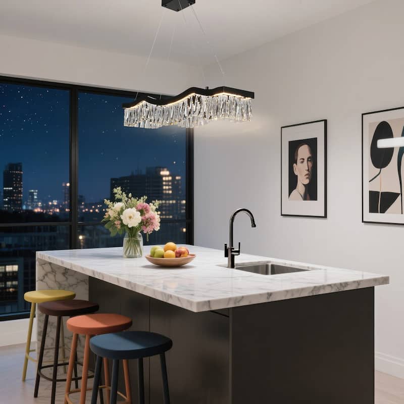 Modern Glam 1-Light LED Crystal Chandelier Kitchen Island Light for Dining Room - W 33.5" x H 9" x D 7.9"
