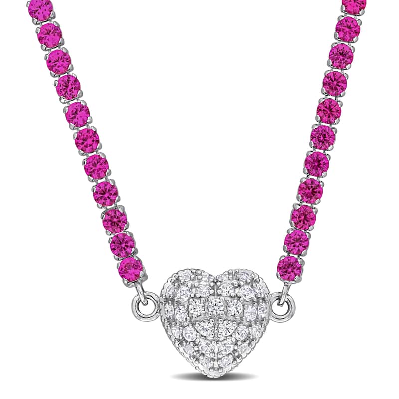 Miadora 16 4/5ct TGW Created Pink Created White Sapphire Heart Necklace in Sterling Silver-17 in