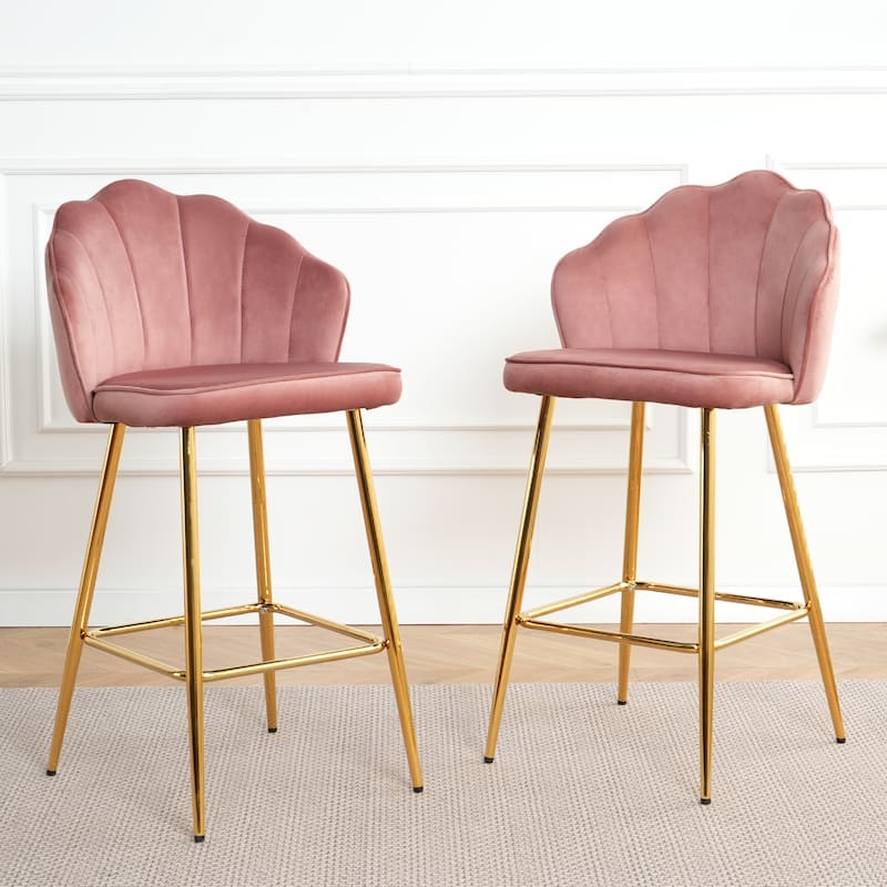Set of 2 Shell Shape Velvet Bar Chair with Gold-plated Metal Legs - Pink