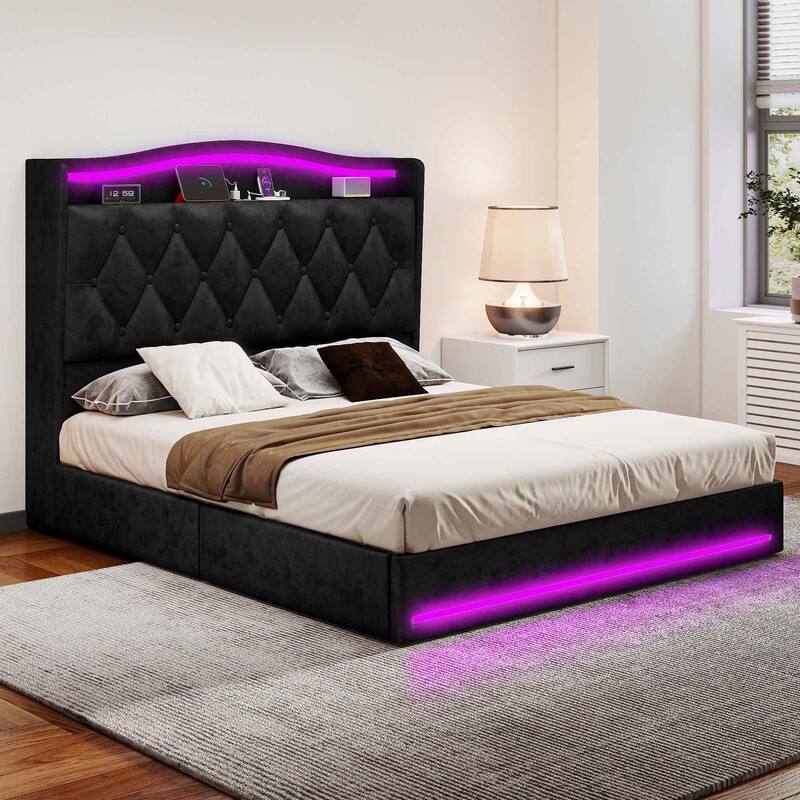 Moasis Queen Size Velvet Upholstered Bed Frame with 4 Storage Drawers & RGB Lights