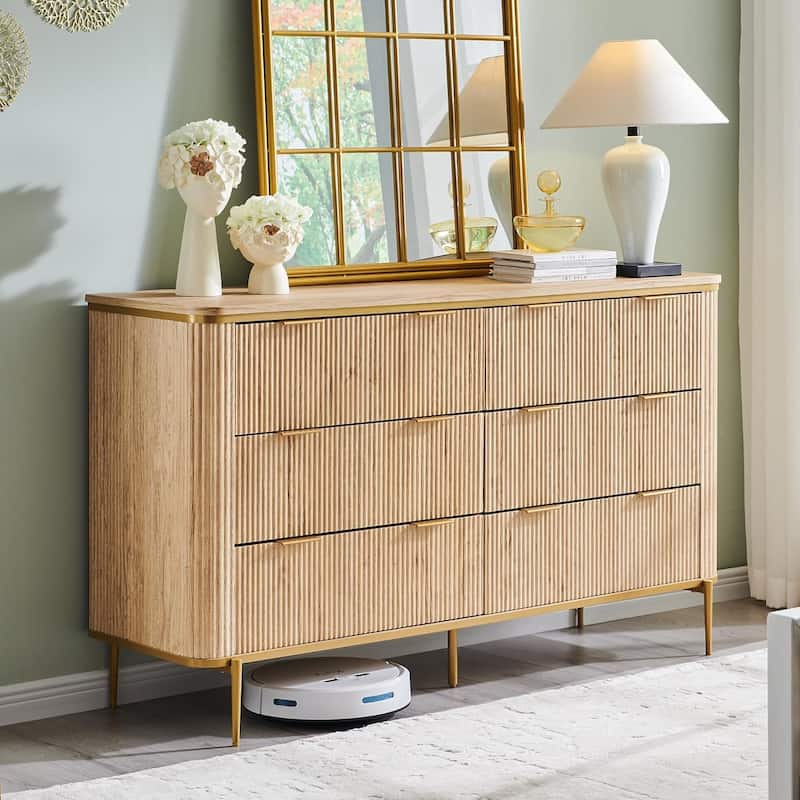 Modern Fluted 6 Drawers Dresser for Bedroom, 54" Dresser TV Stand - Natural Oak