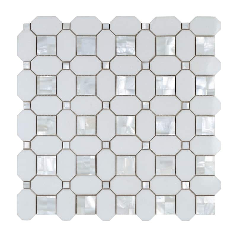 Thassos White Marble Octagon Mosaic Tile With Mother Of Pearl Inlay - Case (10 Sheets)