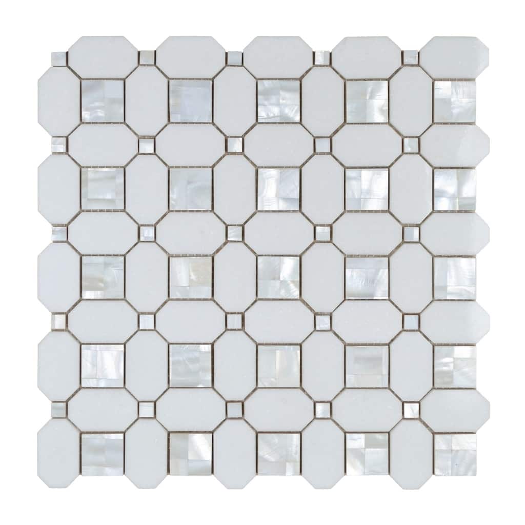 Thassos White Marble Octagon Mosaic Tile With Mother Of Pearl Inlay - Case (10 Sheets)