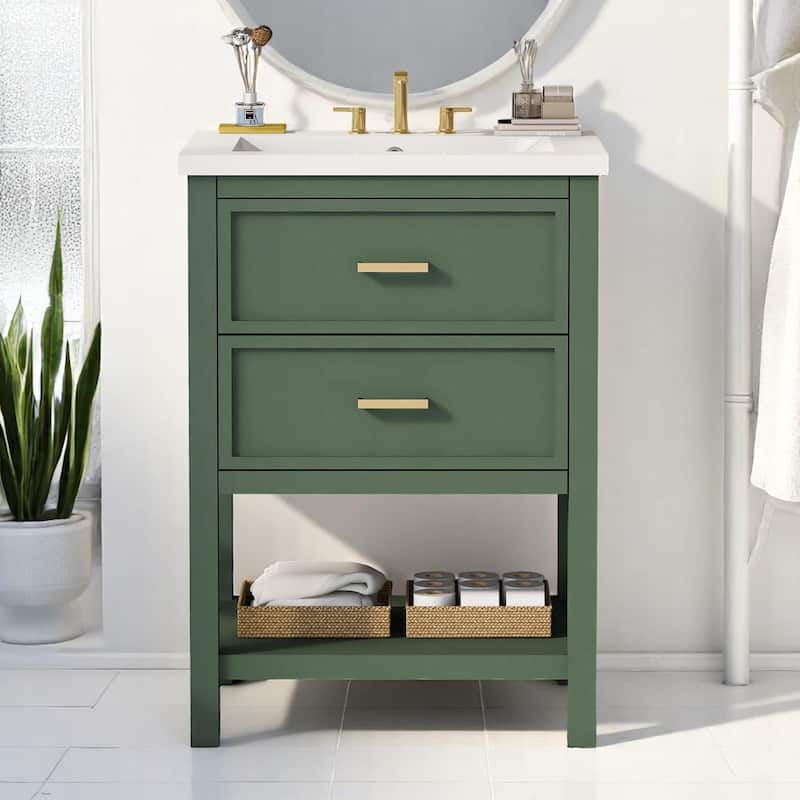 Modern 24 Inch Bathroom Vanity with Sink Combo, White and Gold Finish, 2 Drawers, Freestanding Cabinet - Green