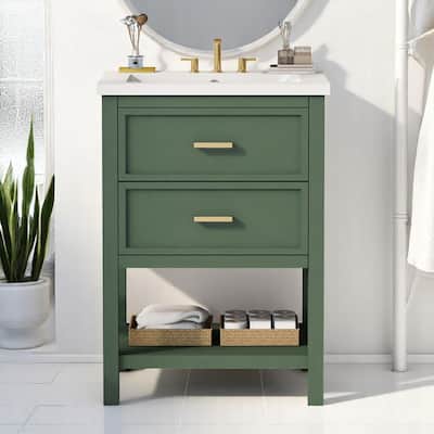 Modern 24 Inch Bathroom Vanity with Sink Combo, White and Gold Finish, 2 Drawers, Freestanding Cabinet