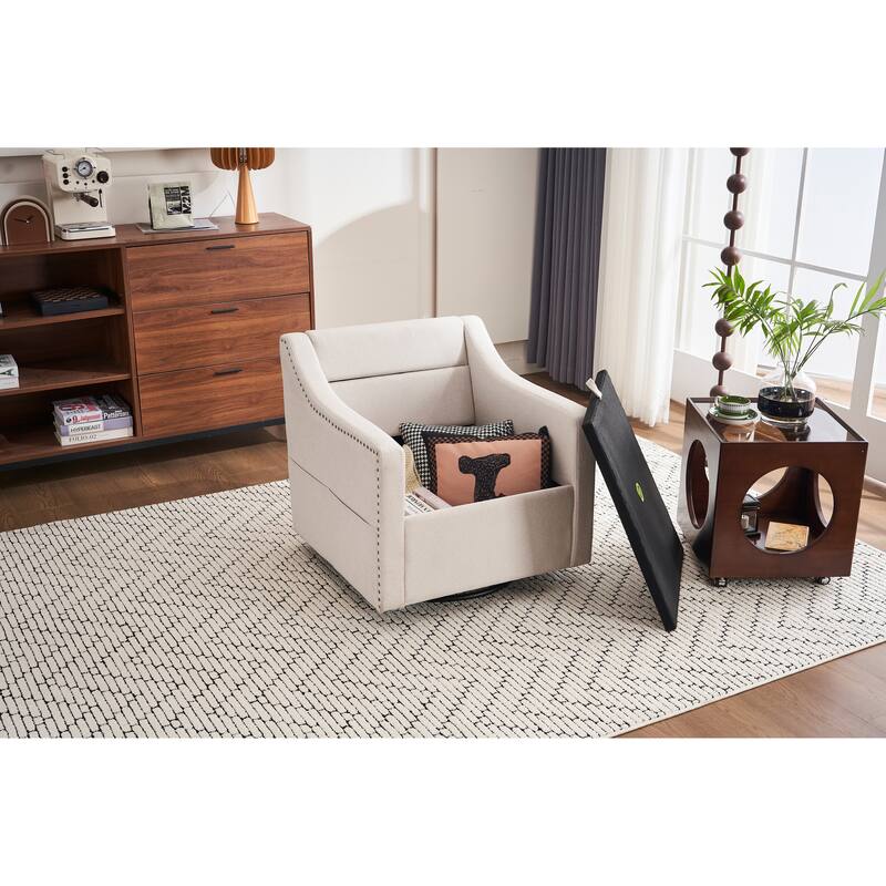 360° Swivel Accent Chair with 1 Back Pillow, Teddy Upholstered Reading Chair with Rivet Trim, Single Sofa Chair for Living Room