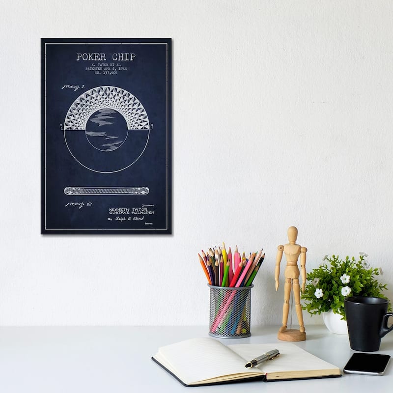 iCanvas "Poker Chip 1 Navy Blue Patent Blueprint" by Aged Pixel Canvas Print - 12x8x0.75