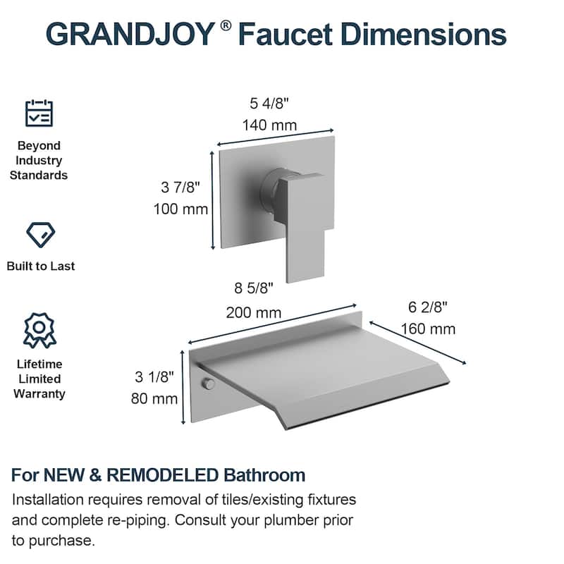 GRANDJOY Wall-Mount Waterfall Bathtub Faucets Single Handle Shower Faucets