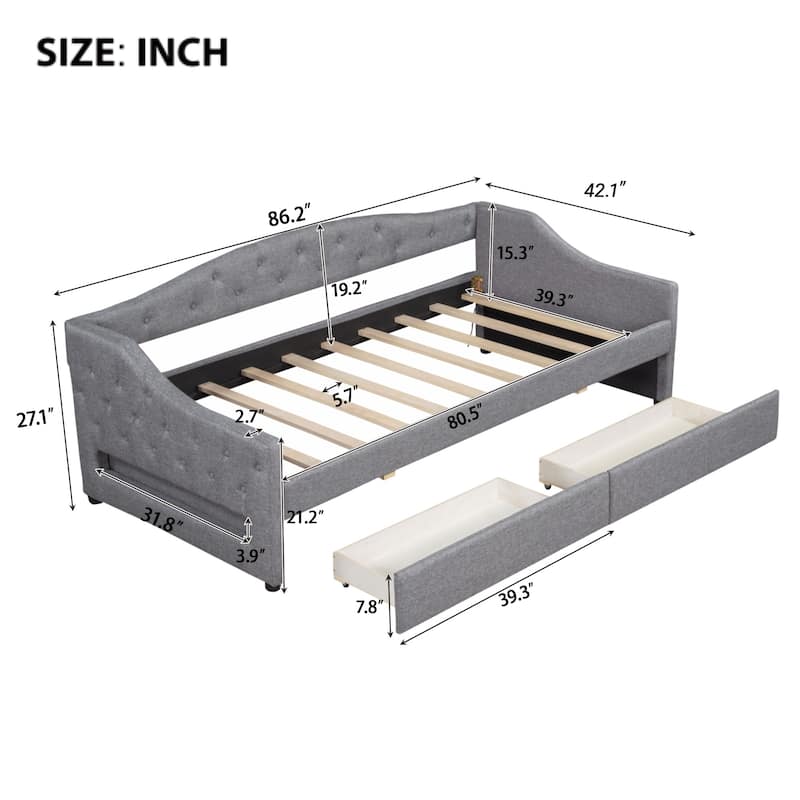 Gray Twin XL Upholstered Daybed with LED Lights and 2 Storage Drawers