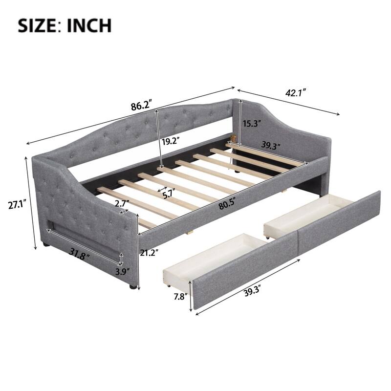 Linen Fabric Daybed Sofa Bed with LED Lights on Both Sides, Upholstered Tufted Platform Bed Frame with Trundle Bed