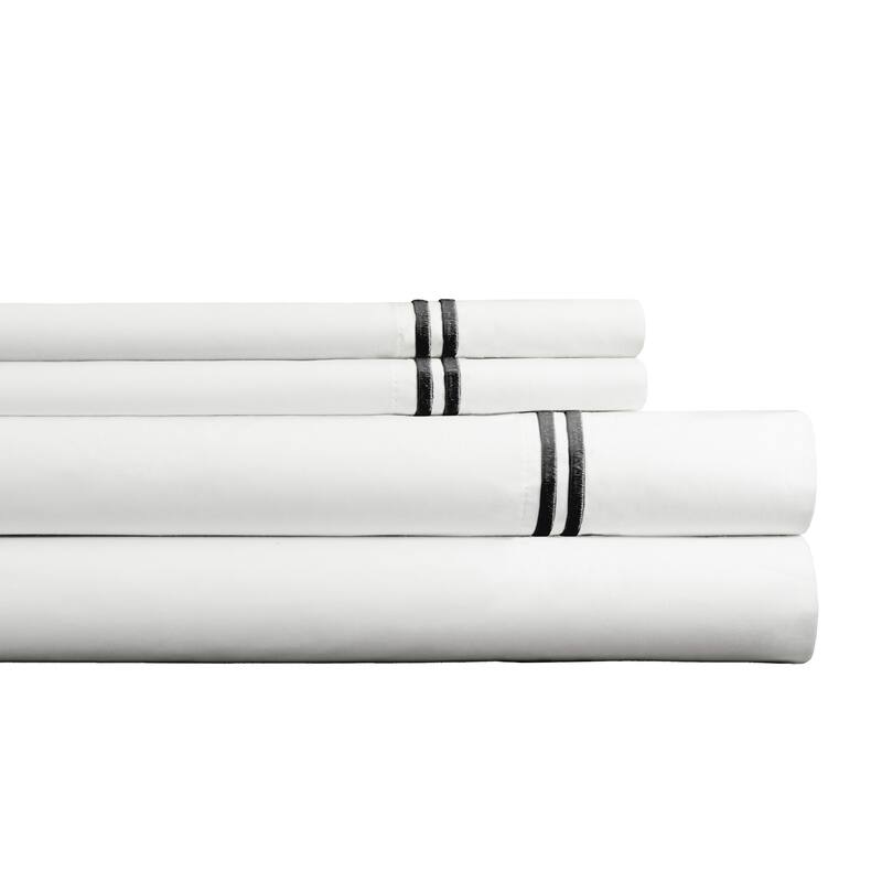 Pointehaven 300 TC Percale 100% Long Staple Cotton Cooling Double Satin Embroidered Stitch Oversized Sheet Set - Queen - White-Black